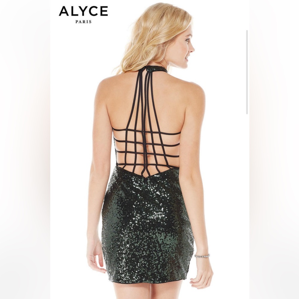 Alyce Paris Dark Green Sequin Halter Mini Dress 4 - Picture 2 of 6